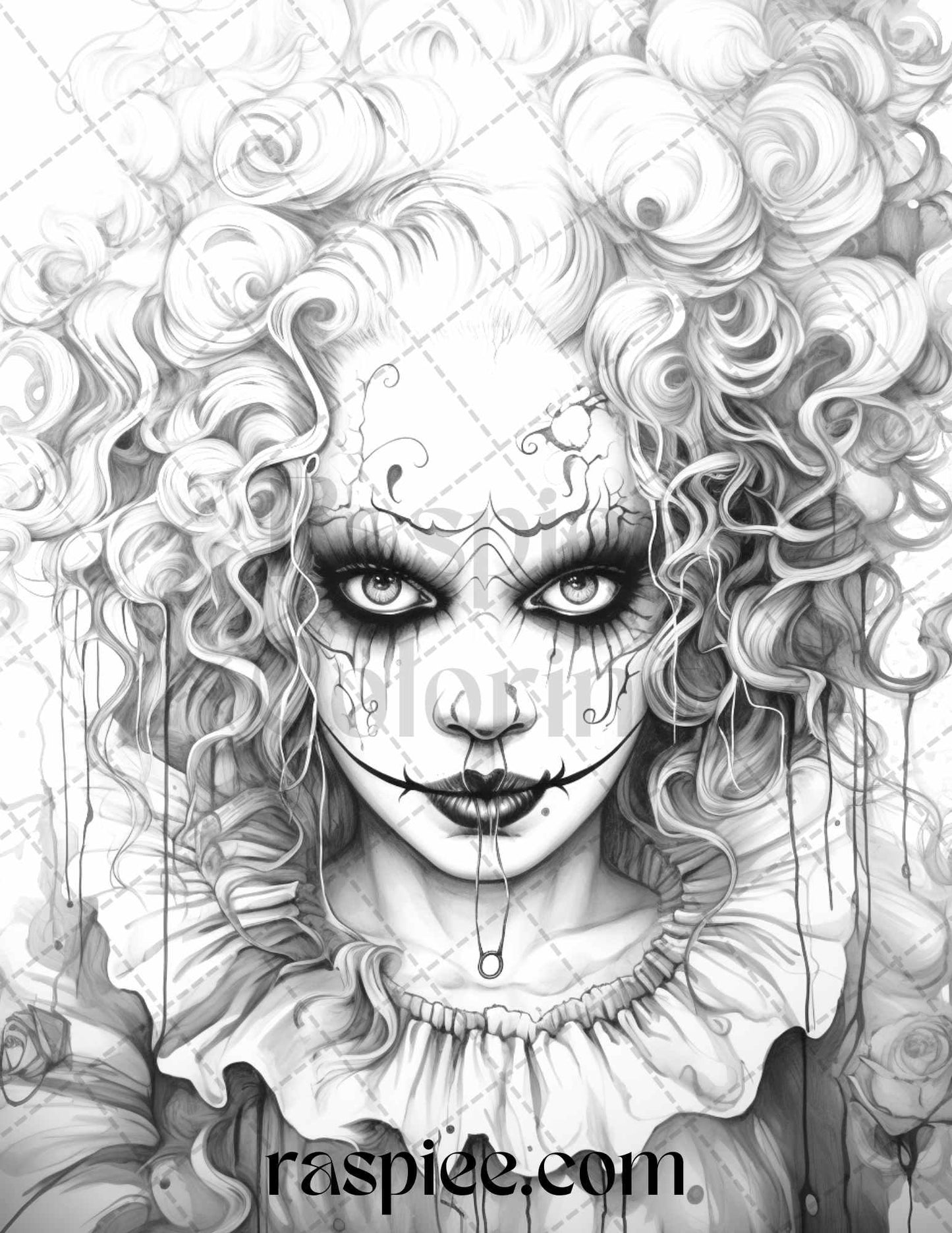 50 Scary Clown Girls Grayscale Coloring Pages Printable for Adults, PDF File Instant Download