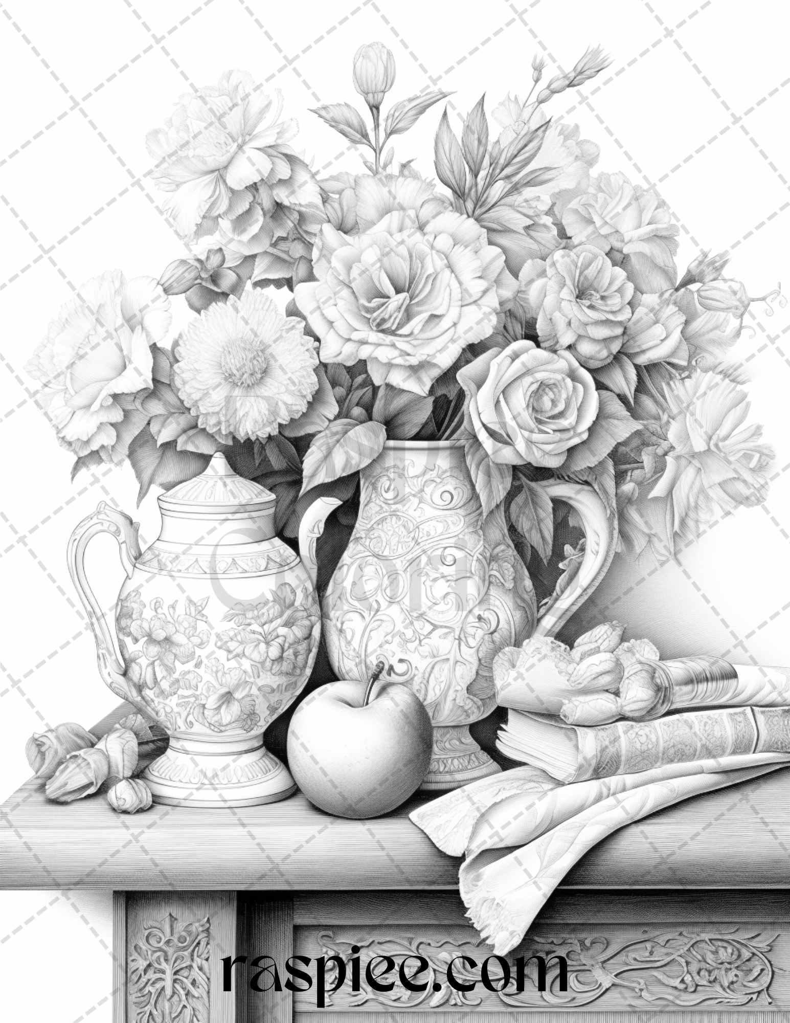 52 Still Life Grayscale Coloring Pages Printable for Adults, PDF File Instant Download