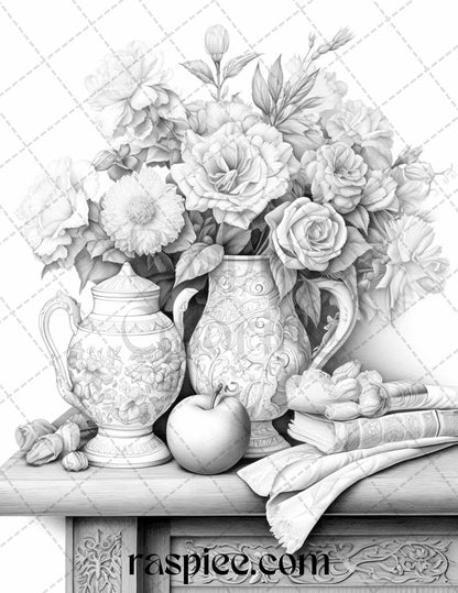 52 Still Life Grayscale Coloring Pages Printable for Adults, PDF File Instant Download