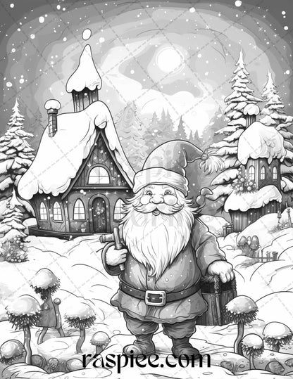 60 Christmas Gnomes Grayscale Coloring Pages Printable for Adults and Kids, PDF File Instant Download