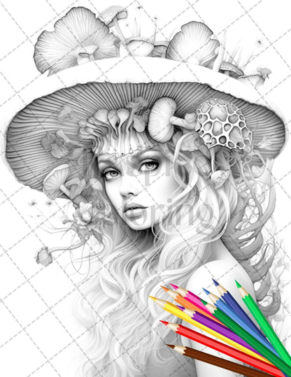 50 Mushroom Fairy Grayscale Coloring Pages Printable for Adults, PDF File Instant Download