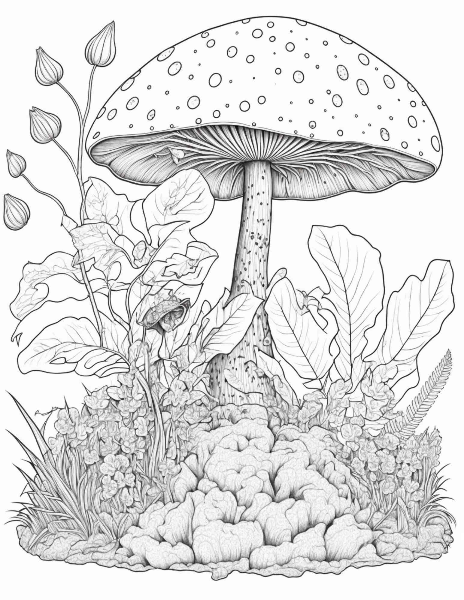 100 Mushroom Forest Coloring Pages Printable for Adults and Kids, Grayscale Coloring Book, Printable PDF File Instant Download