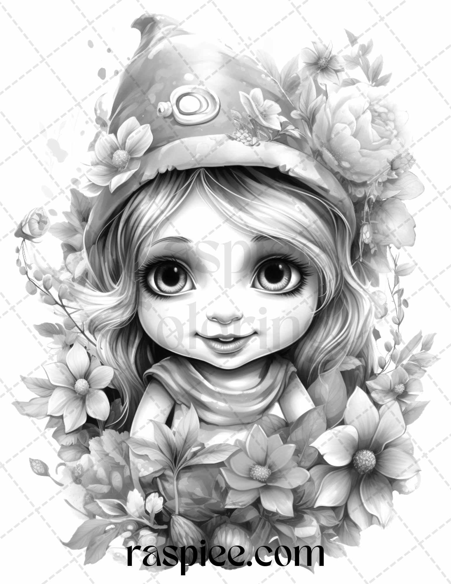 50 Flower Gnomes Grayscale Coloring Pages Printable for Adults Kids, PDF File Instant Download