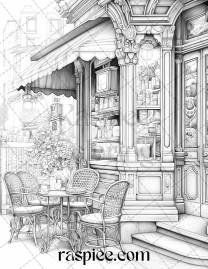 50 Cozy Coffee Shop Grayscale Coloring Pages Printable for Adults, PDF File Instant Download