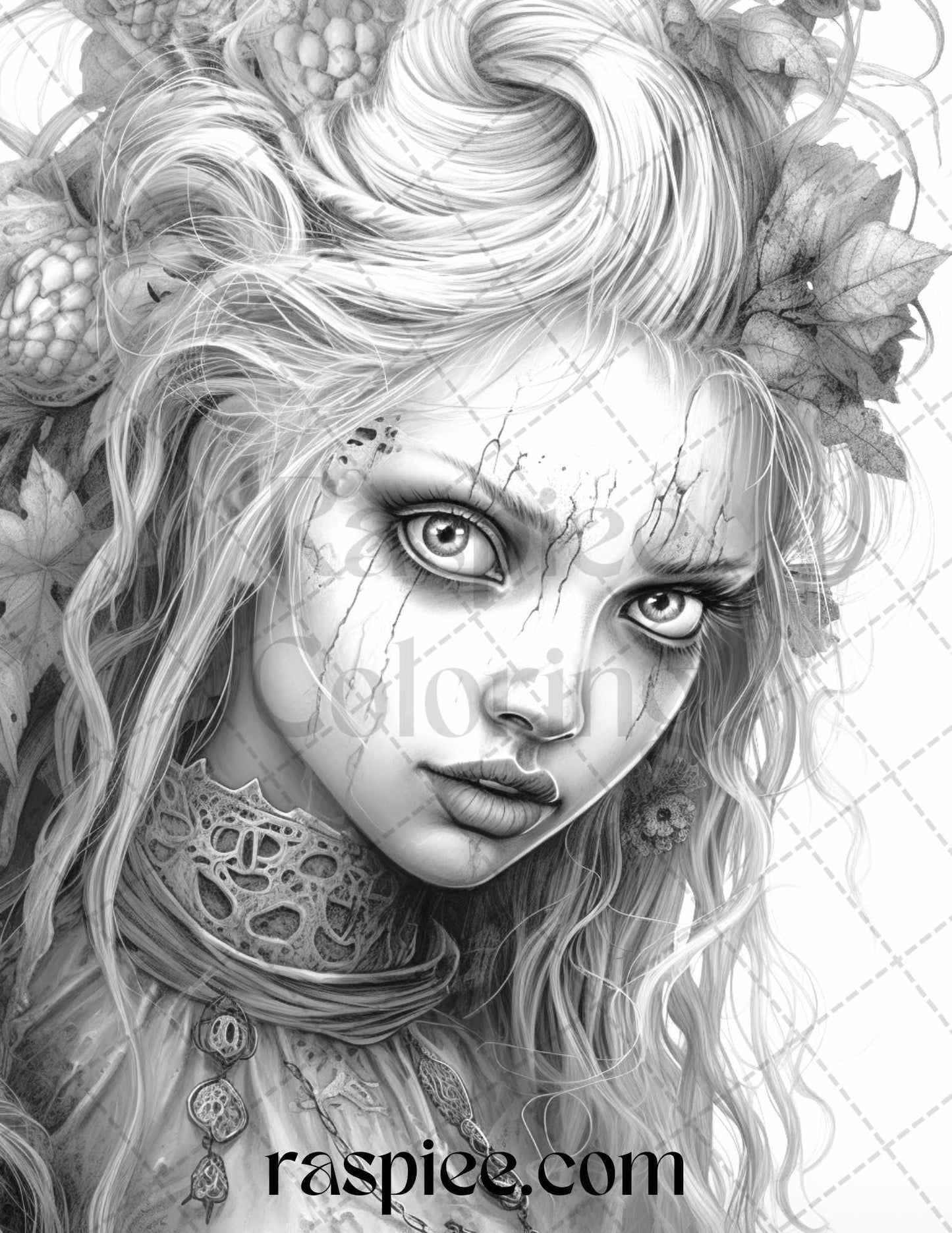 60 Halloween Zombie Fairy Grayscale Coloring Pages Printable for Adults, PDF File Instant Download