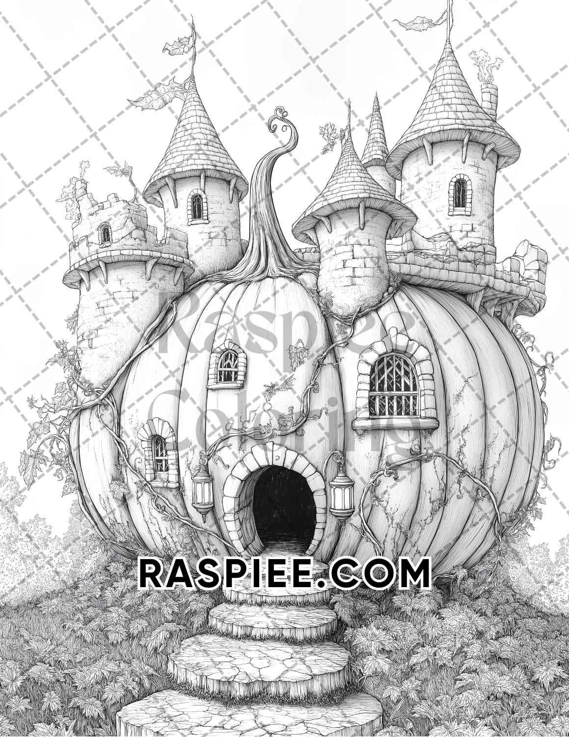 Fantasy Giant Pumpkin Castles Adult Coloring Pages Printable PDF Instant Download