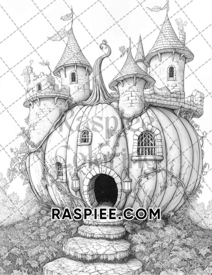 Fantasy Giant Pumpkin Castles Adult Coloring Pages Printable PDF Instant Download