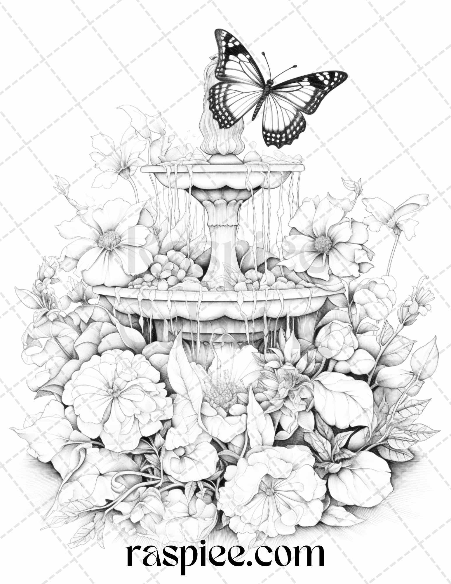 32 Blooming Fountains Grayscale Coloring Pages Printable for Adults, PDF File Instant Download