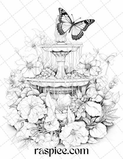 32 Blooming Fountains Grayscale Coloring Pages Printable for Adults, PDF File Instant Download