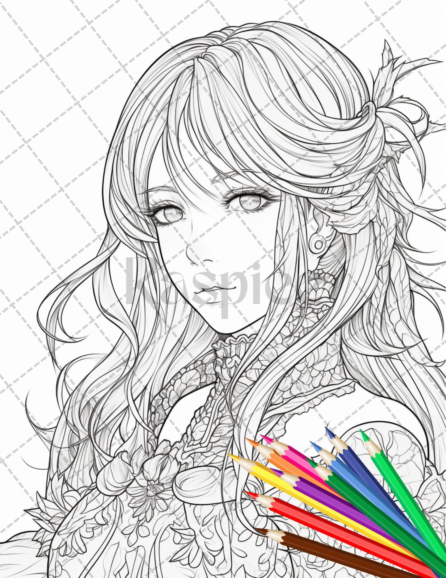32 Anime Fairy Girl Printable Coloring Pages for Adults, Cute Fairy Grayscale Coloring Book, Printable PDF File Download