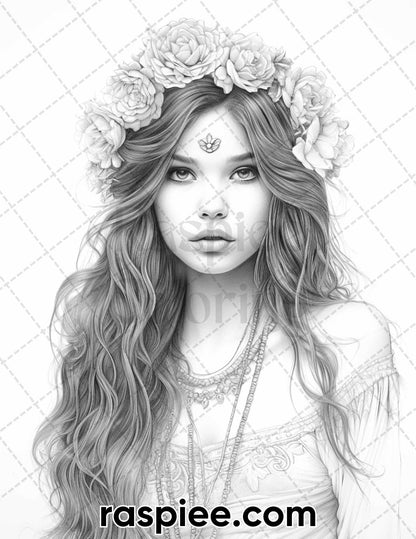60 Bohemian Beauties Grayscale Coloring Pages for Adults, Printable PDF Instant Download