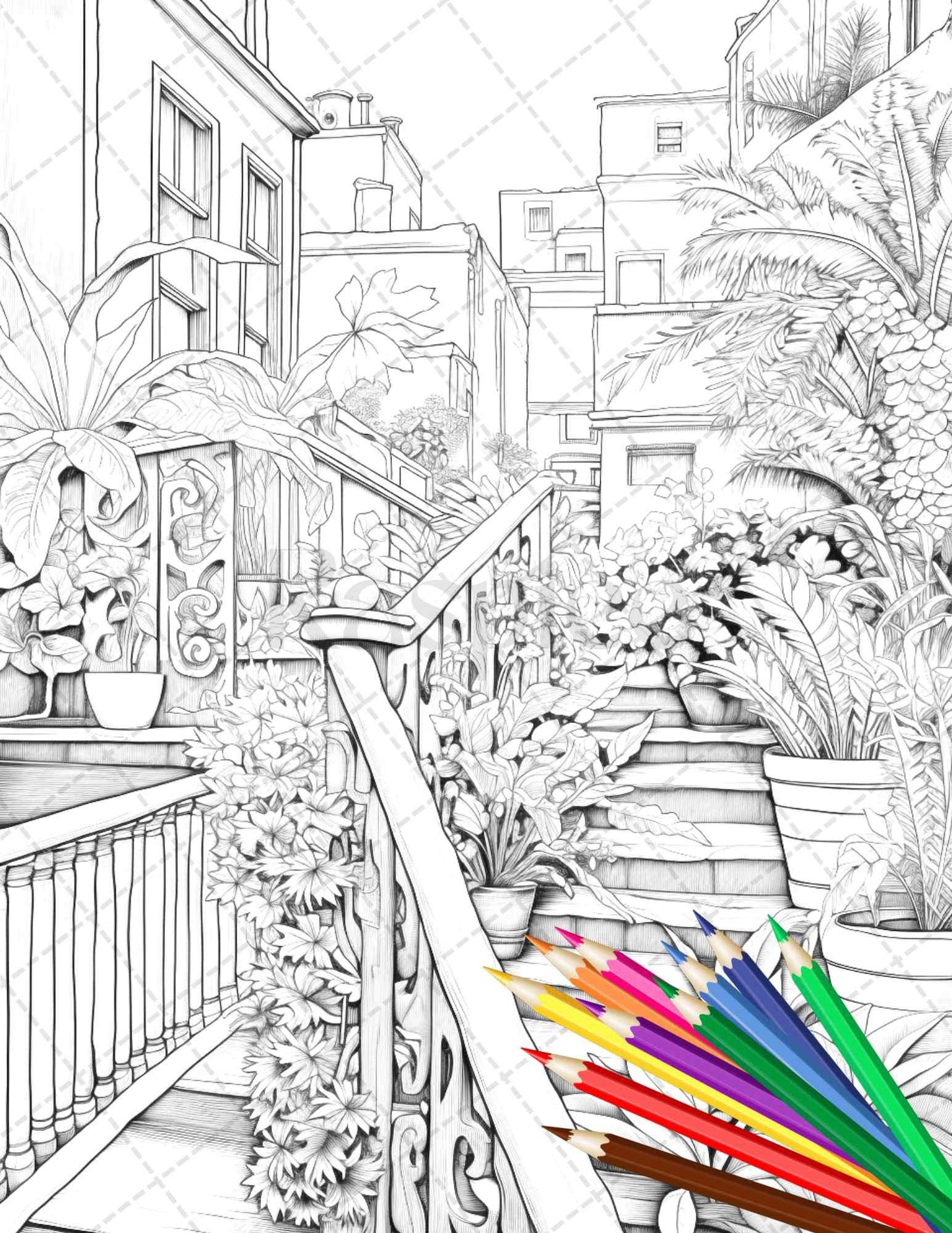 Charming Balcony Garden Grayscale Coloring Pages Printable for Adults, PDF File Instant Download