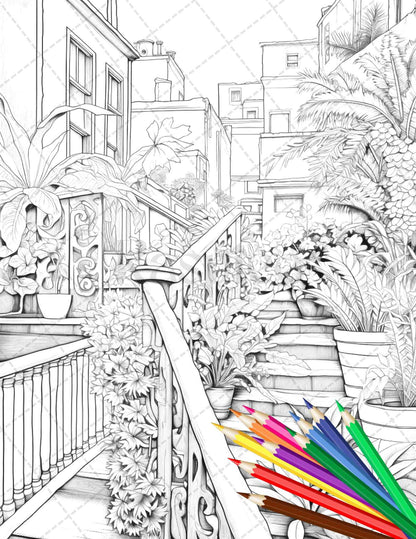 Charming Balcony Garden Grayscale Coloring Pages Printable for Adults, PDF File Instant Download