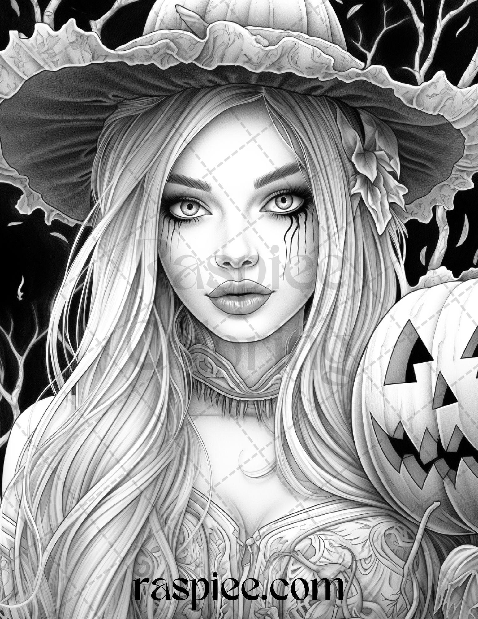 55 Halloween Girls Grayscale Coloring Pages Printable for Adults, PDF File Instant Download