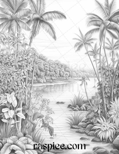 52 Tropical Oasis Grayscale Coloring Pages Printable for Adults, PDF File Instant Download