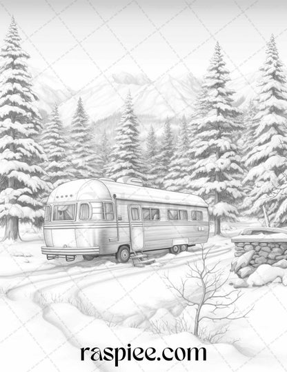 Winter Scenery Grayscale Coloring Pages Printable, Relaxing Snowy Landscapes, PDF File Instant Download