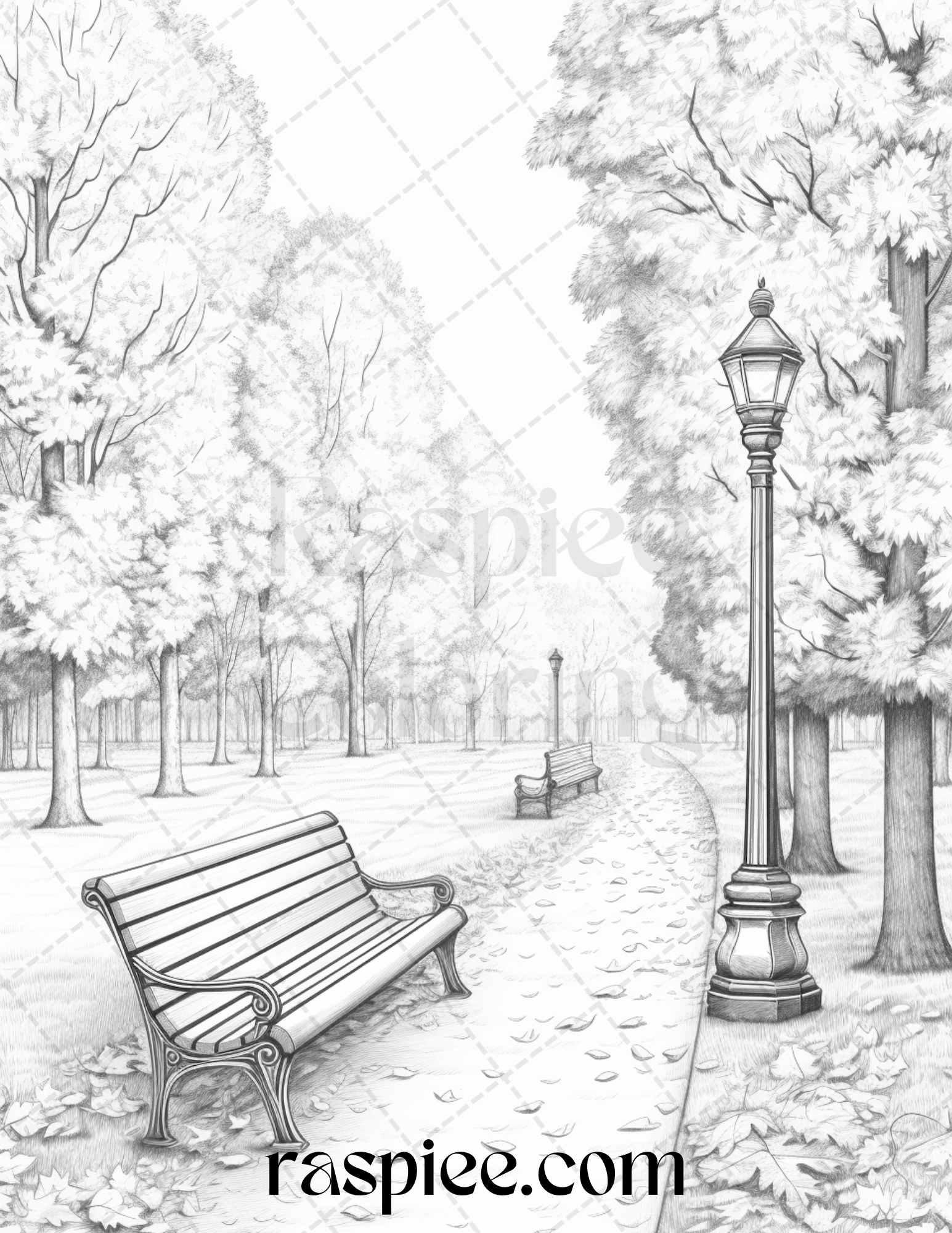 Autumn Scenery Grayscale Coloring Pages Printable for Adults, PDF File Instant Download