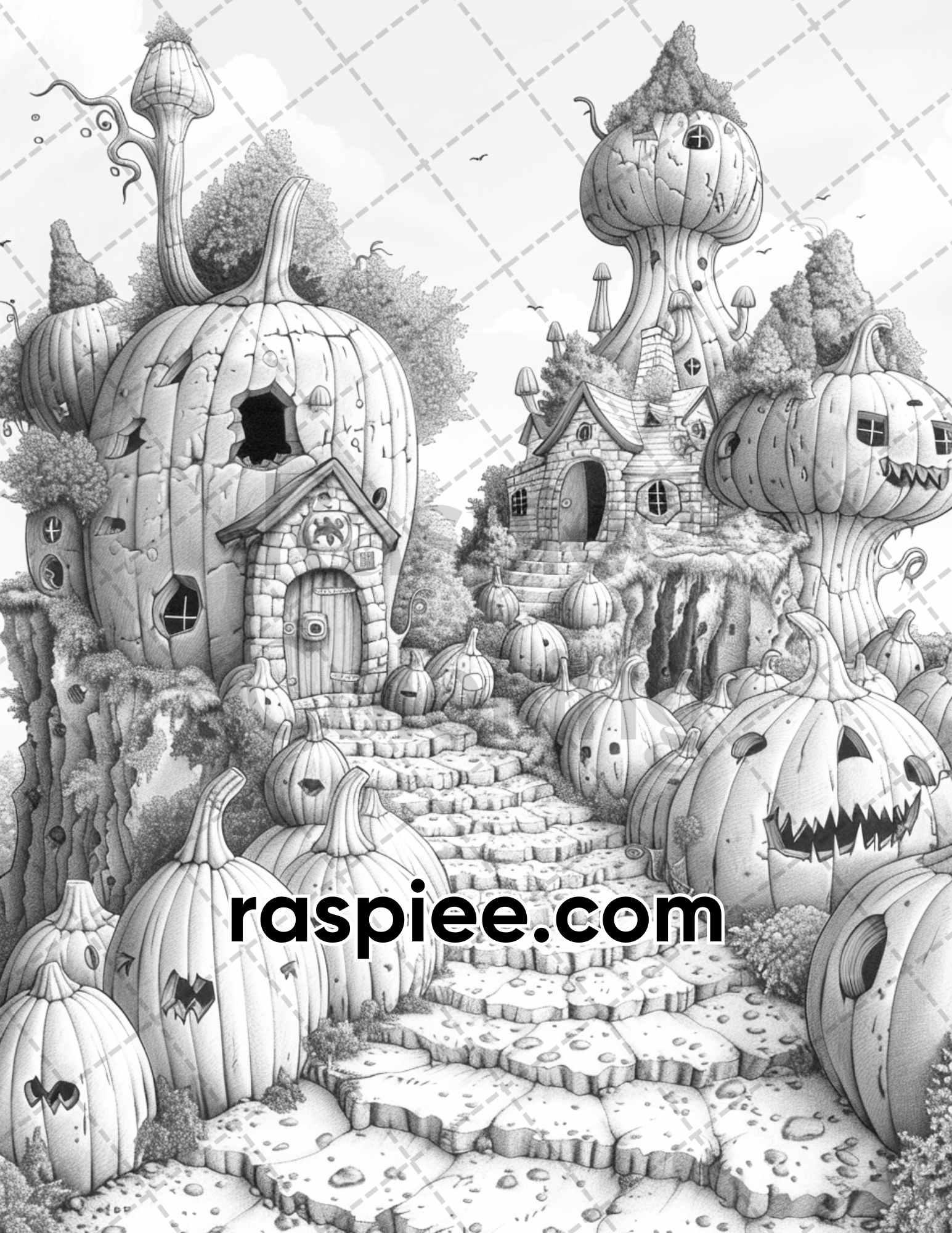 65 Fantasy Pumpkin Village Grayscale Adult Coloring Pages, Printable PDF Instant Download