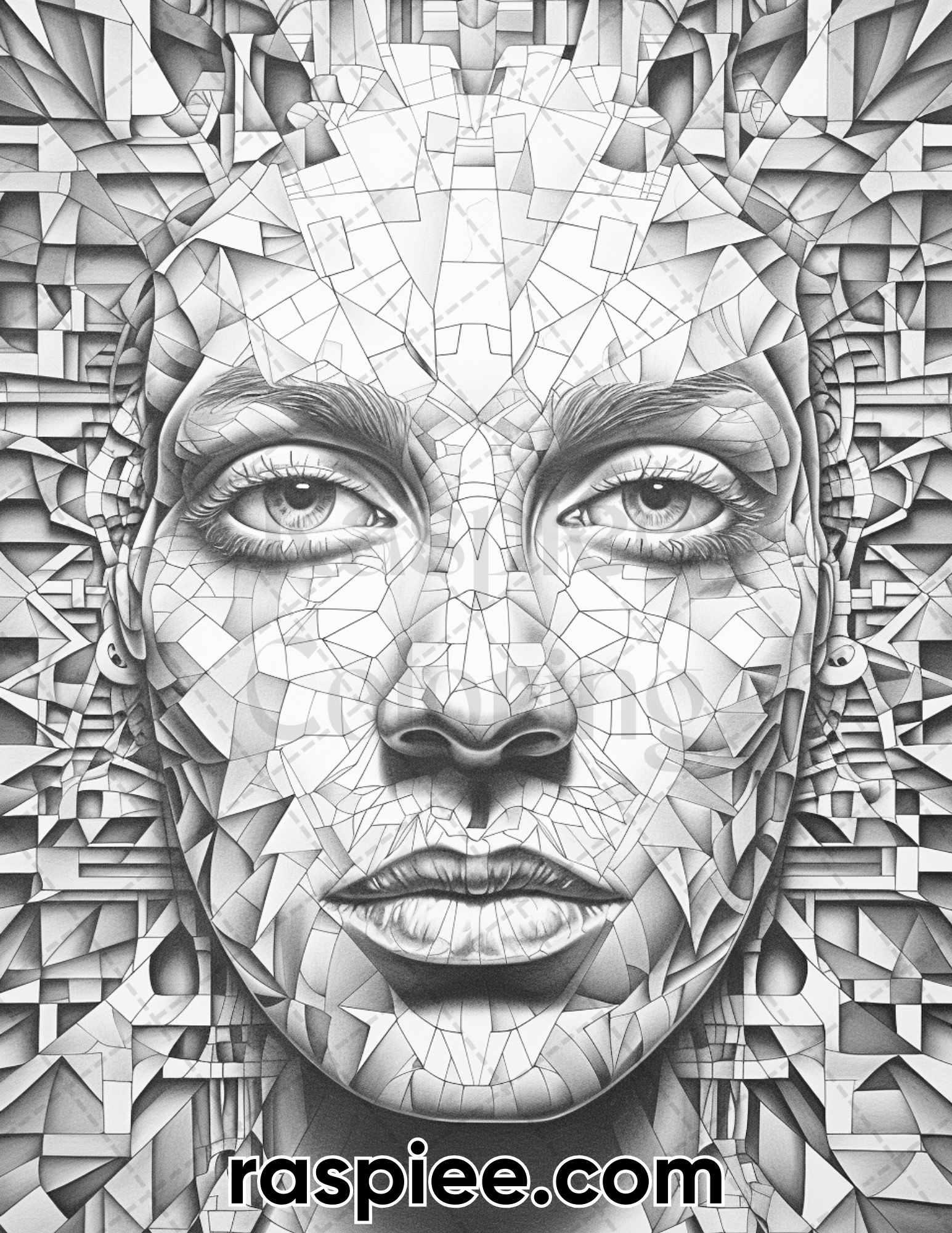 60 Abstract Faces Grayscale Adult Coloring Pages, Printable PDF Instant Download