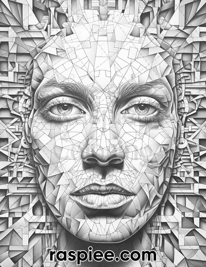 60 Abstract Faces Grayscale Adult Coloring Pages, Printable PDF Instant Download