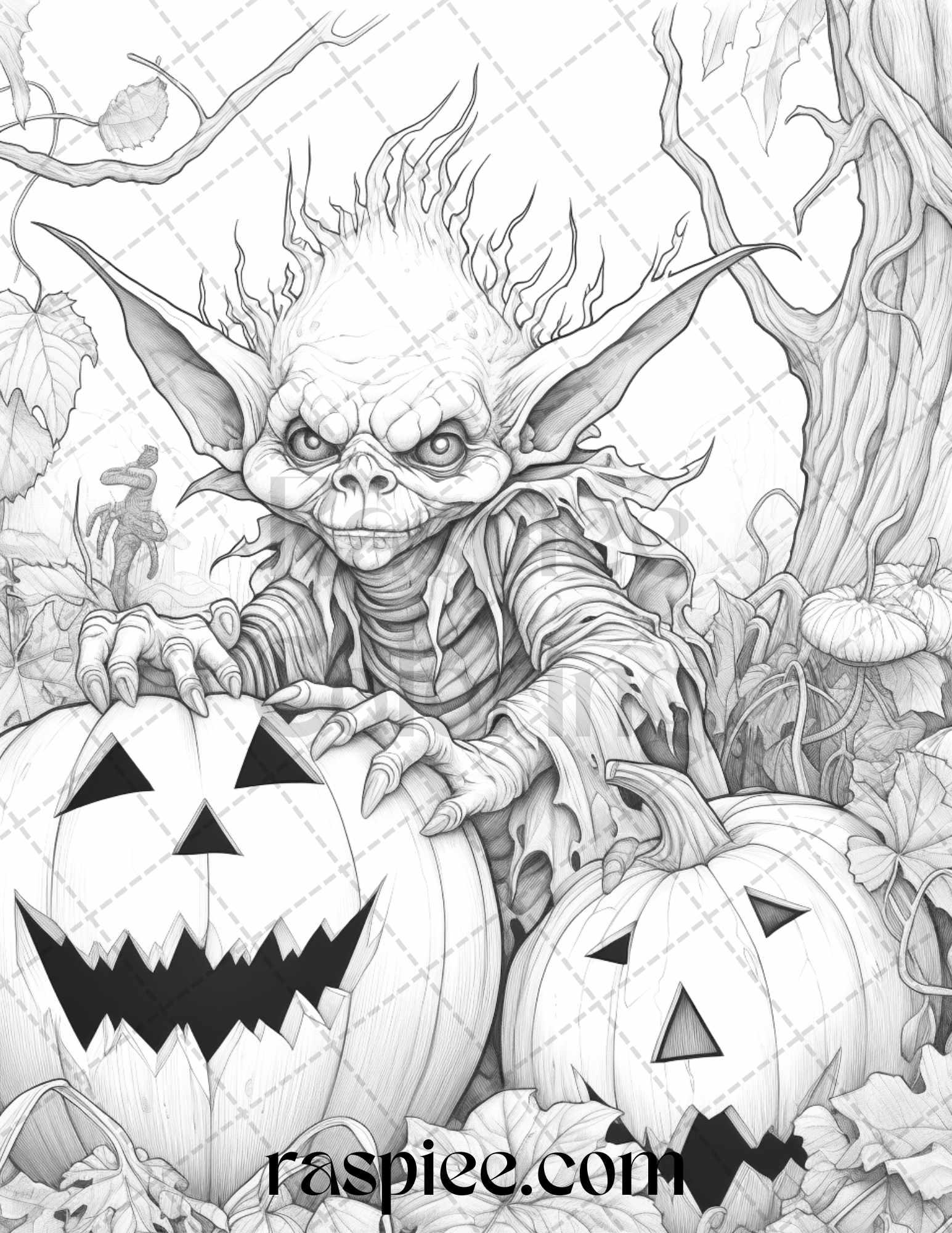 50 Halloween Goblin Grayscale Coloring Pages Printable for Adults, PDF File Instant Download