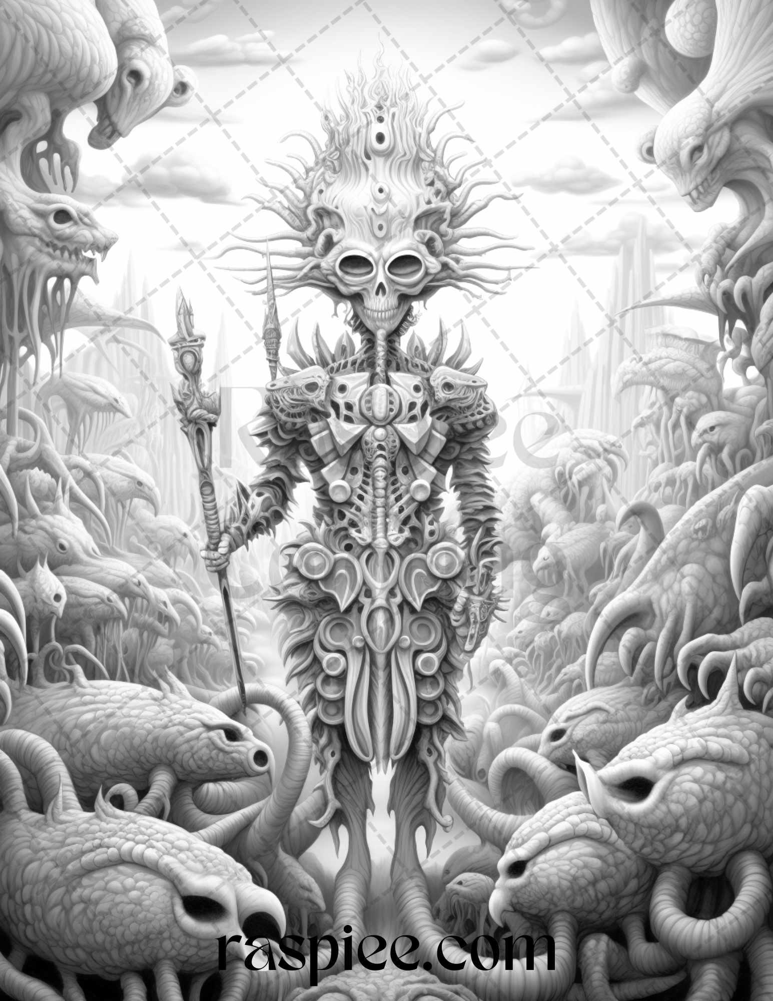53 Surreal Creatures Grayscale Coloring Pages for Adults, Printable PDF File Instant Download