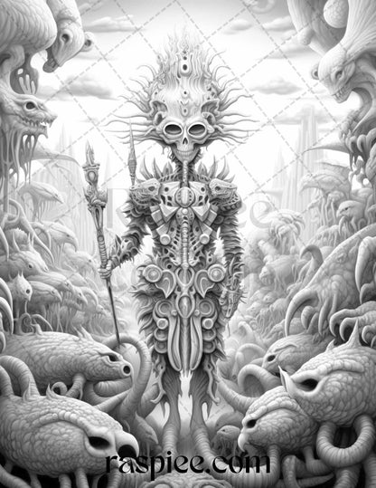 53 Surreal Creatures Grayscale Coloring Pages for Adults, Printable PDF File Instant Download