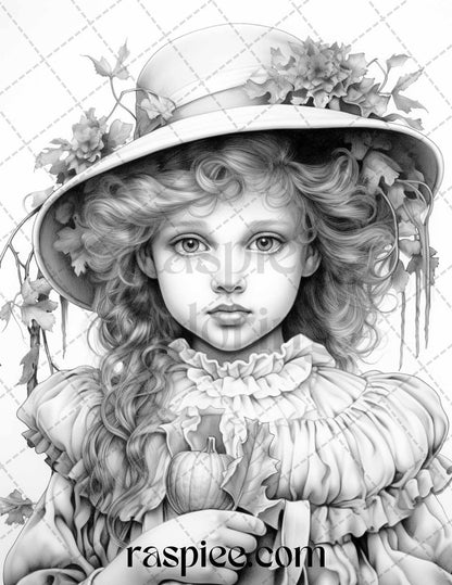 60 Victorian Autumn Portrait Grayscale Coloring Pages Printable for Adults, PDF File Instant Download