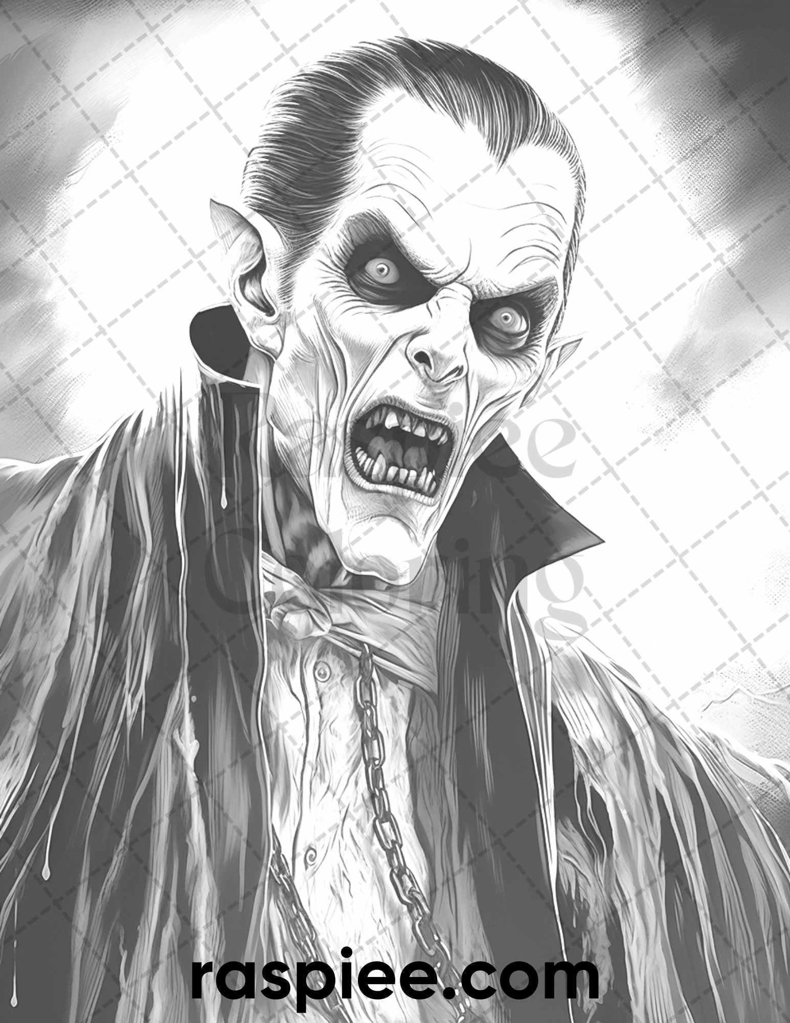 50 Count Dracula Grayscale Coloring Pages Printable for Adults, PDF File Instant Download