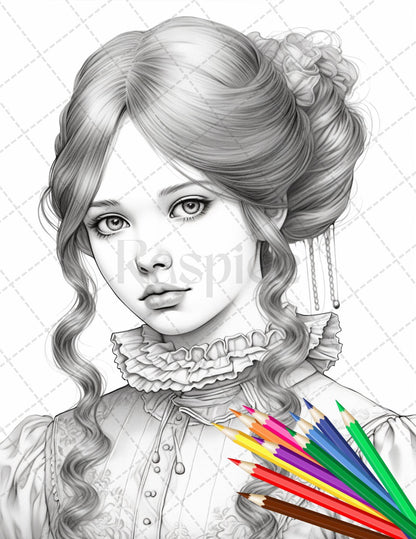36 Beautiful Victorian Girls Coloring Pages Printable for Adults, Grayscale Coloring Page, PDF File Instant Download
