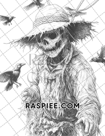 Horror Scarecrow Halloween Adult Coloring Pages Printable PDF Instant Download