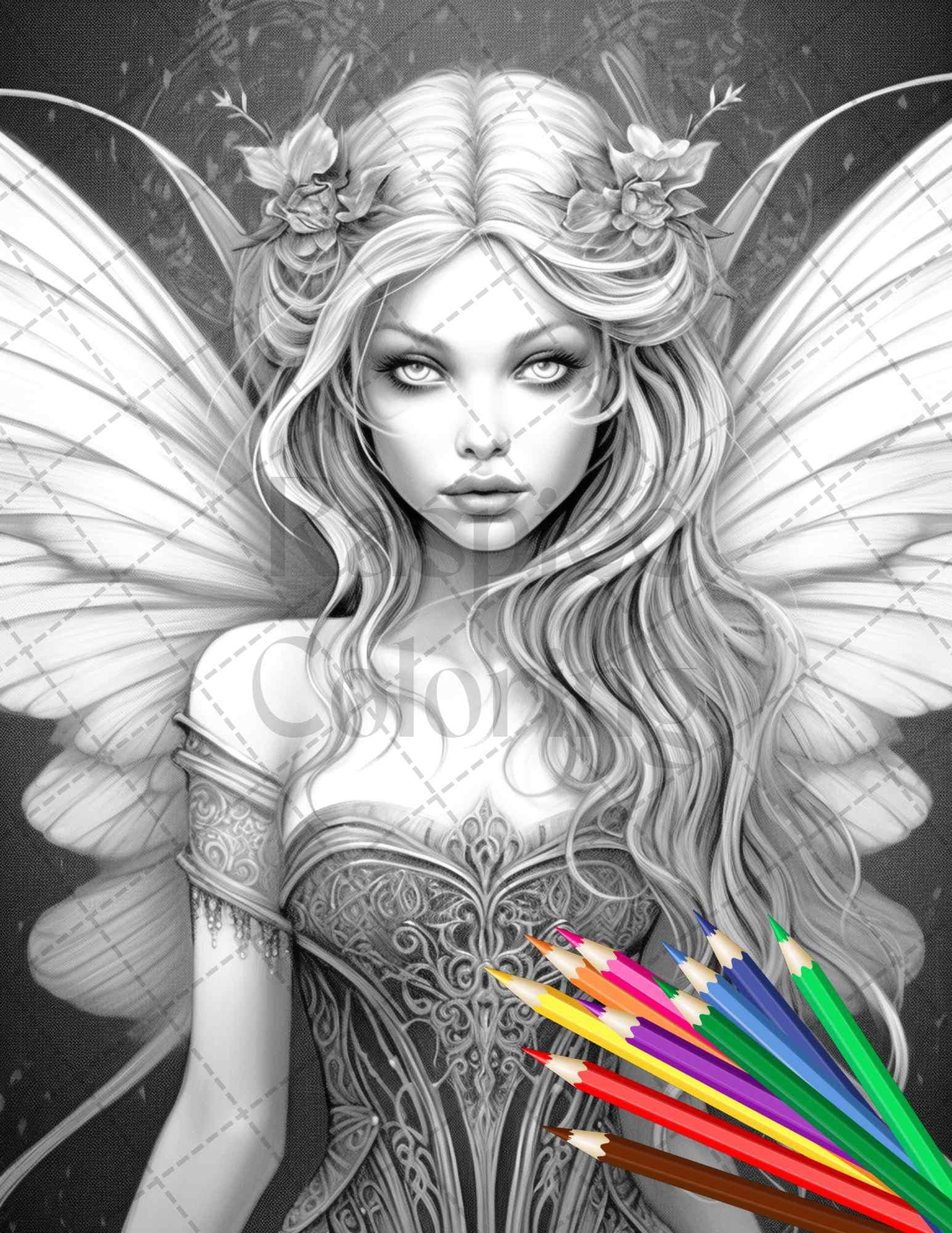 Beautiful Dark Fairy Grayscale Coloring Pages Printable for Adults, PDF File Instant Download