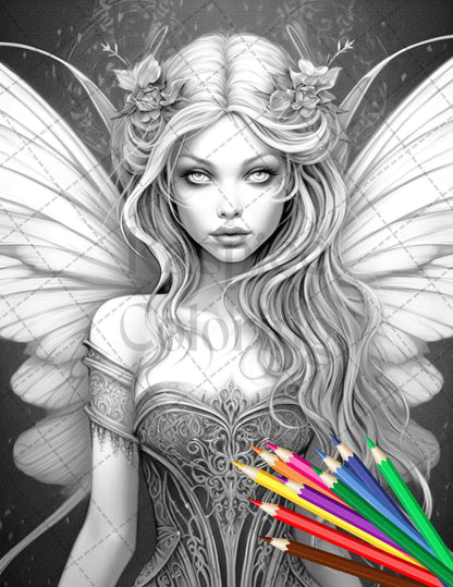 Beautiful Dark Fairy Grayscale Coloring Pages Printable for Adults, PDF File Instant Download