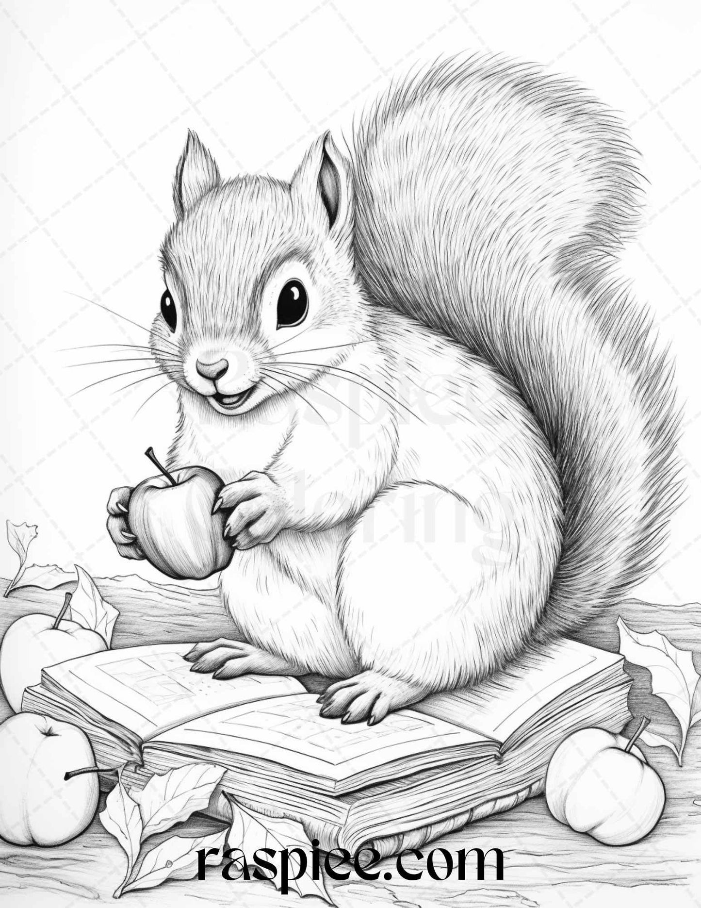 52 Adorable Squirrels Grayscale Coloring Pages Printable for Adults Kids, PDF File Instant Download