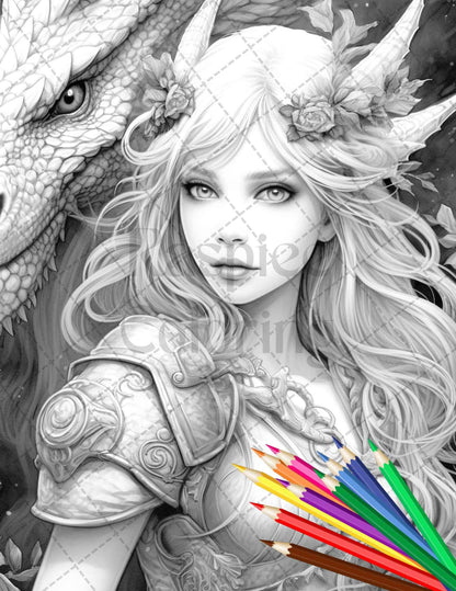 Enchanted Dragon Queens Grayscale Coloring Pages Printable for Adults, PDF File Instant Download