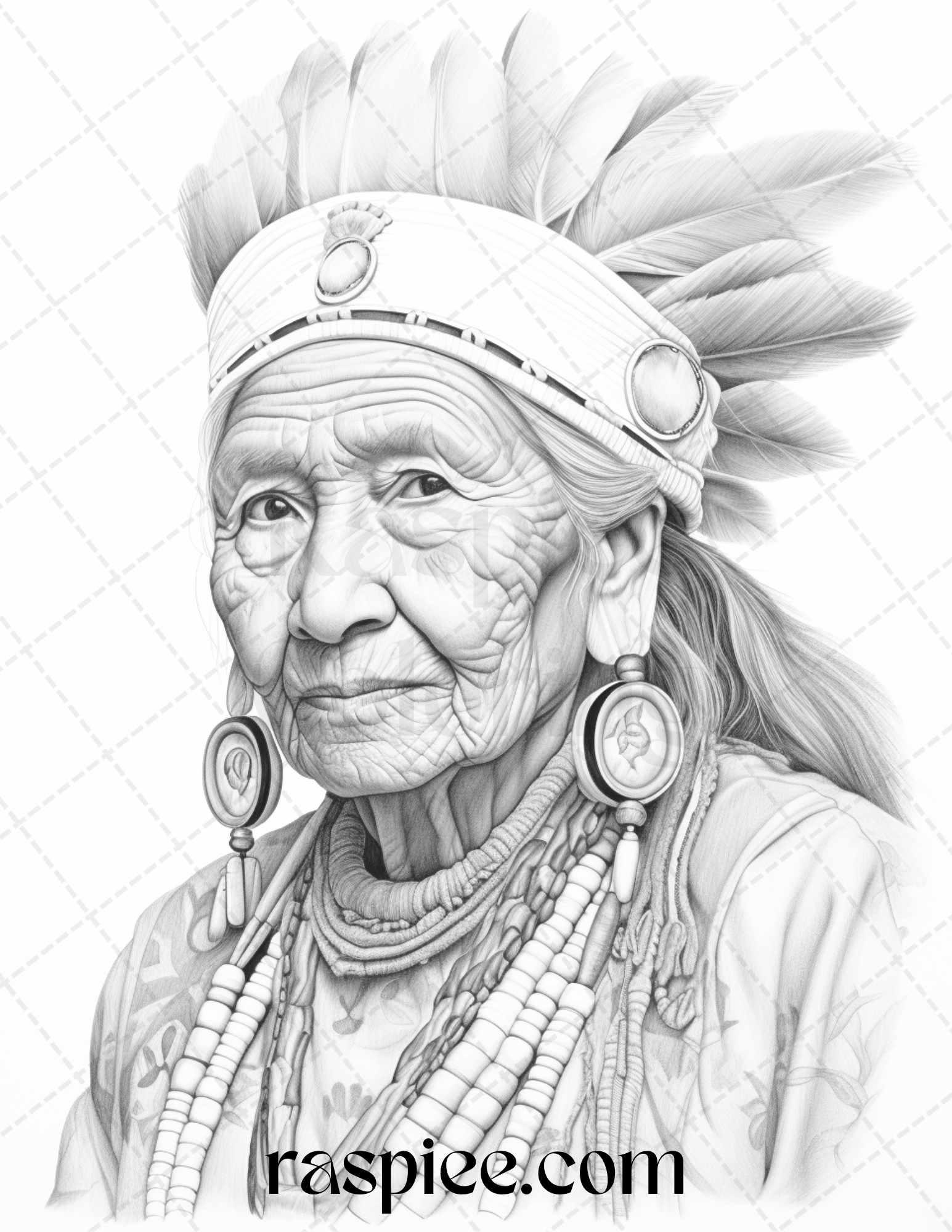 Native American Portrait Grayscale Coloring Pages Printable for Adults, PDF File Instant Download
