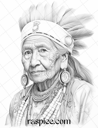 Native American Portrait Grayscale Coloring Pages Printable for Adults, PDF File Instant Download