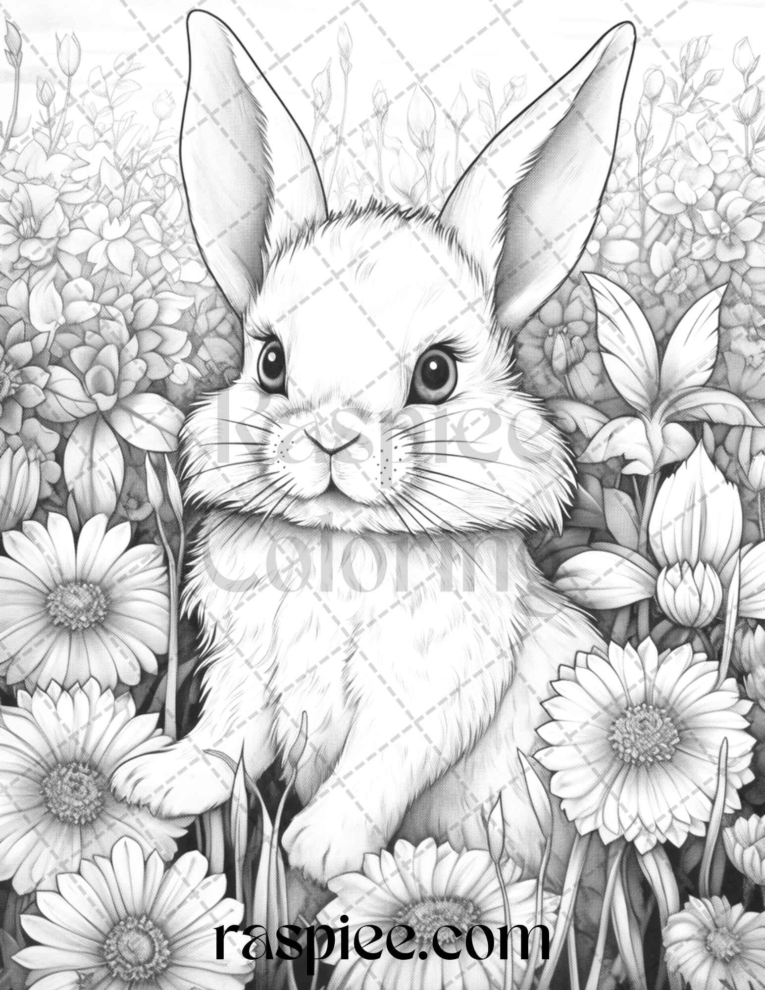 50 Rabbit Garden Grayscale Coloring Pages Printable for Adults, PDF File Instant Download