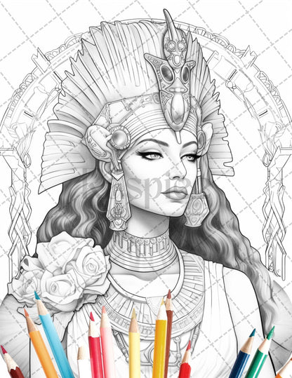 35 Ancient Egyptian Queens Coloring Book Printable for Adults, Grayscale Coloring Page, PDF File Instant Download