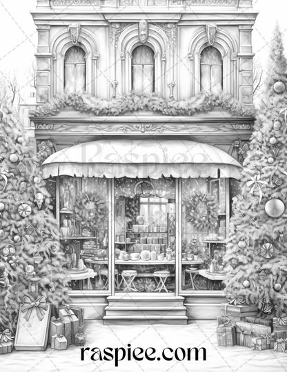 Christmas Store Front Grayscale Coloring Pages for Adults, PDF Printable Instant Download