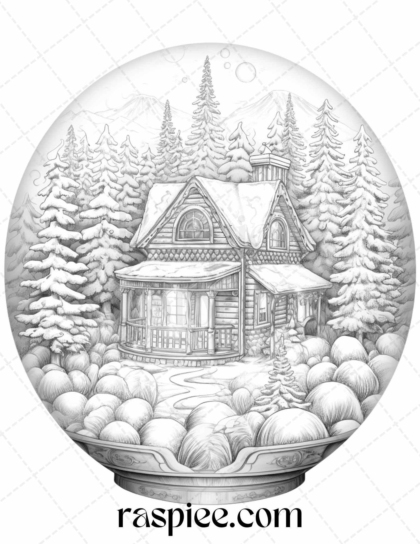 Cozy Cabin in Snow Globe Grayscale Coloring Pages Printable for Adults, PDF File Instant Download