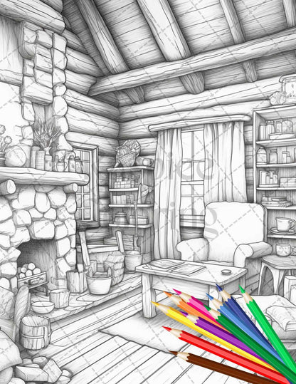 Cozy Cabin Interior Grayscale Coloring Pages Printable for Adults, PDF File Instant Download
