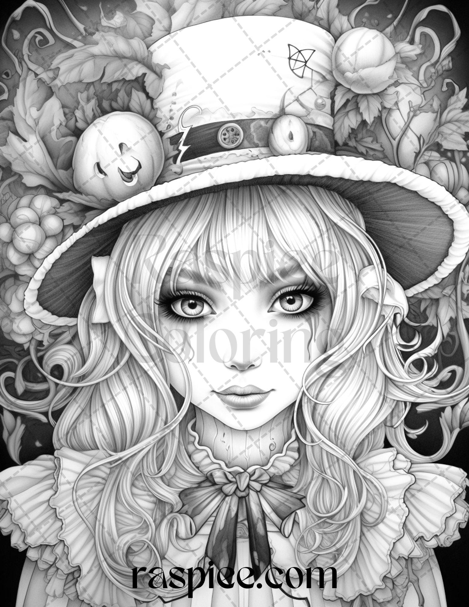 55 Halloween Girls Grayscale Coloring Pages Printable for Adults, PDF File Instant Download