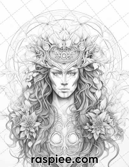 52 Mythology Gods Grayscale Coloring Pages for Adults, Printable PDF Instant Download