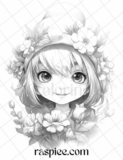 50 Flower Gnomes Grayscale Coloring Pages Printable for Adults Kids, PDF File Instant Download