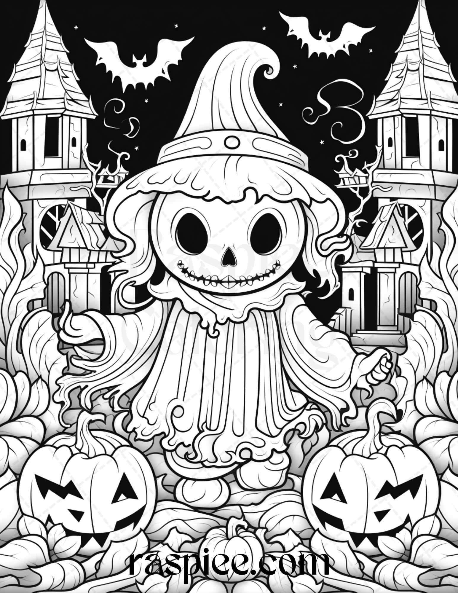 50 Halloween Cute Ghosts Grayscale Coloring Printable for Adults Kids, PDF File Instant Download