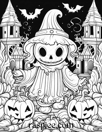 50 Halloween Cute Ghosts Grayscale Coloring Printable for Adults Kids, PDF File Instant Download