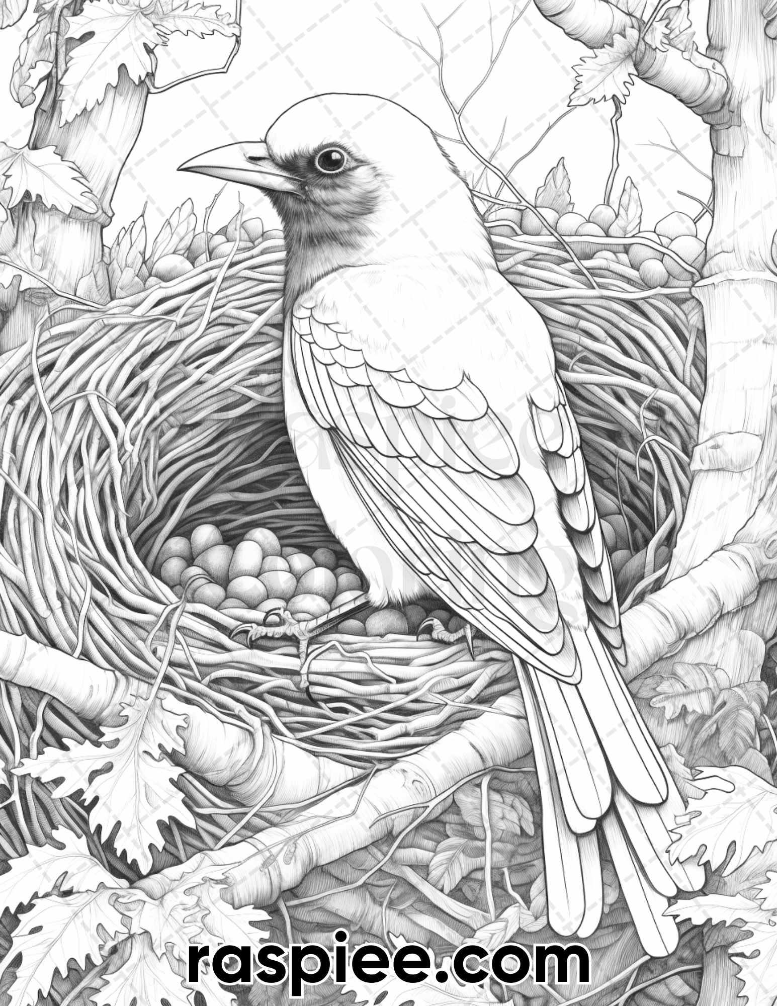 60 Spring Birds Grayscale Adult Coloring Pages, Printable PDF Instant Download