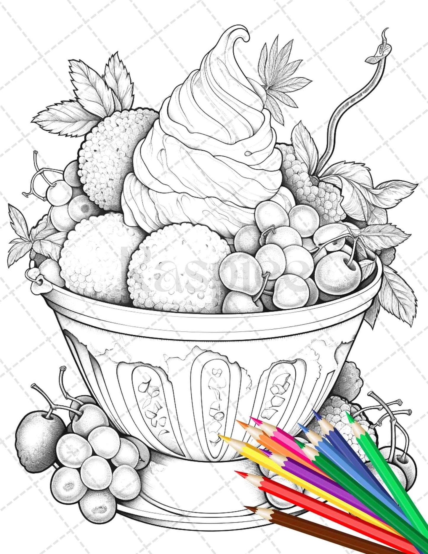 52 Printable Ice Cream Desserts Coloring Pages for Adults and Kids, Grayscale Coloring Page, PDF File Instant Download