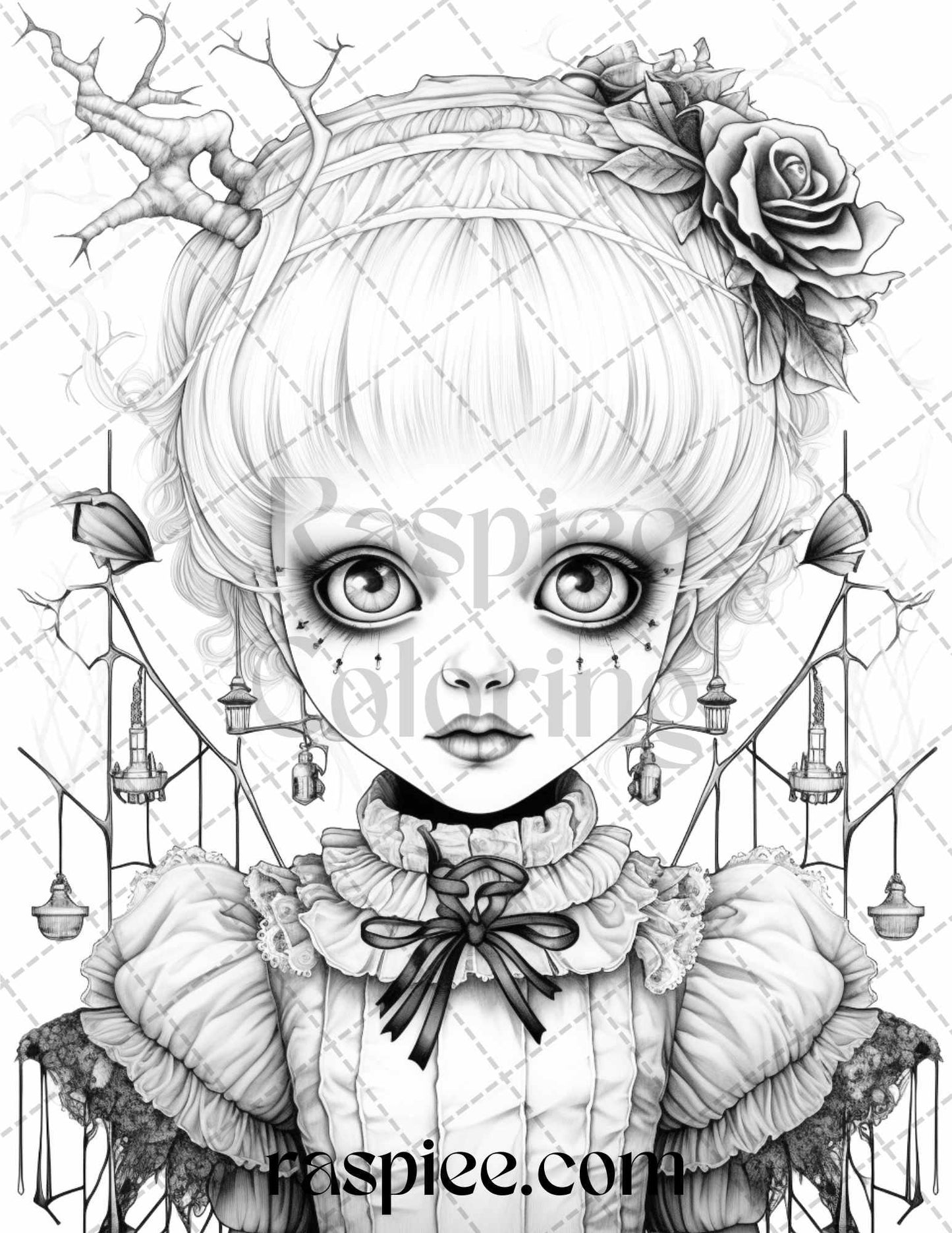 50 Scary Victorian Dolls Grayscale Coloring Pages Printable for Adults, PDF File Instant Download
